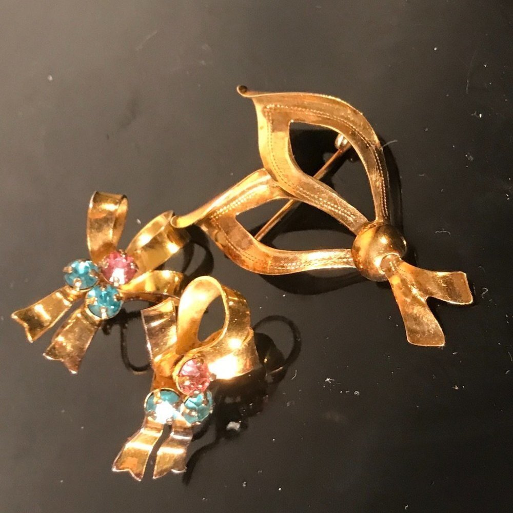Vintage 1940s Retro Gold Over Solid Sterling Silver Bow Earrings Brooch